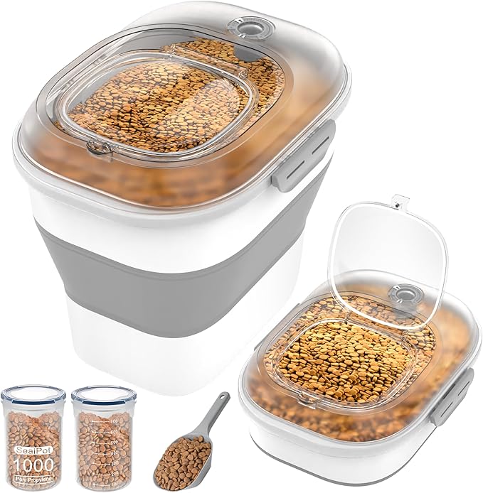 32-35 Lbs Dog Food Storage Container,Collapsible Dog Food Container with Transparent Airtight Lid,Wheels,Date Track,Pet Food Storage Container for Rice,Flour,Sugar,Scoop And 2PCS Containers