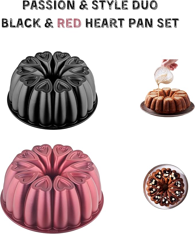 Heart Shape Aluminum Cake Pan, Titanium Coating, Non-Stick, 12 Cups, Gifts for Mom, 10 Inch Baking Mold, Cast Aluminum Fluted Tube Pan, Easy to Clean (2-Pack, Black-Red)