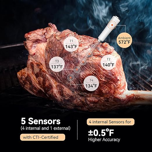 INKBIRD Wireless Meat Thermometer INT-11S-B, Bluetooth 5.4 Thermometer with Ultra-High Detection Accuracy of ±0.5°F, 5 Sensors in 1 Probe Smart Meat Thermometer for Grills, Ovens, Smokers, Air Fryers
