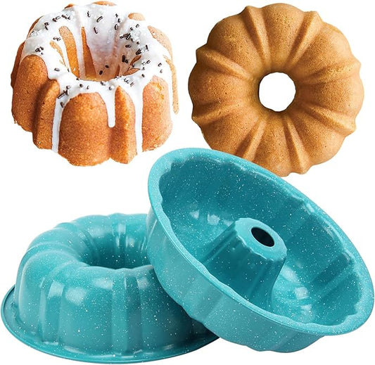OAMCEG 2 Pack Bunte Cake Pan Nonstick 9.5 Inch Fluted Tube Cake Pans for baking, 10 Cups Heavy Duty Carbon Steel Tube Pan Baking Mold for Buntelet, Bavarois, Brownie, Jello (Sky Blue)