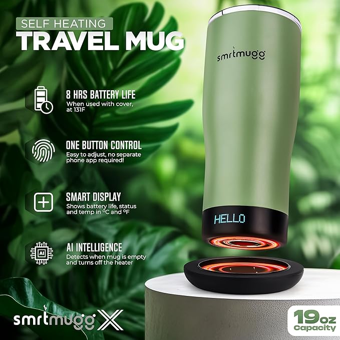 X Heated Coffee Mug 19 oz., 8 Hour Battery Life, Self-Heating, Adjustable Temp Controlled, LCD Screen, Includes Cover with Magnetic Slider (Black) (Sage Green)