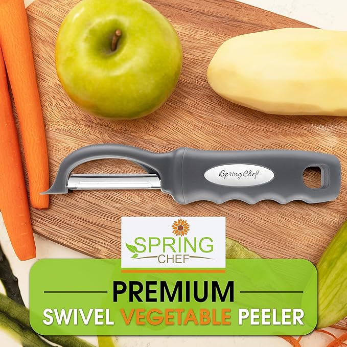 Spring Chef Premium Swivel Vegetable Peeler, Comfortable Handle and Ultra Sharp Stainless Steel Blades - Perfect Kitchen Peeler For Veggie, Fruit, Potato, Carrot, Apple - Gray