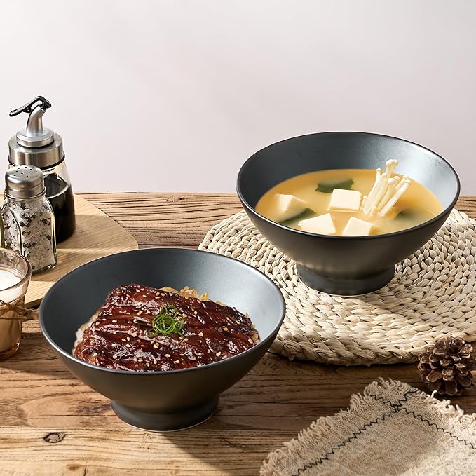 Ceramic Japanese Ramen Bowl Set, 8 Inch Large Noodle Bowl Set of 2, Dishwasher Safe for Asian Pho Udon Soba Noodle, Salad Pasta, Deep Soup Bowls, Black Reactive Metallic Color