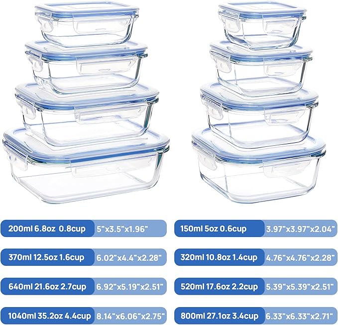 Vtopmart 8 Pack Glass Food Storage Containers with Airtight Lids, Glass Meal Prep Containers, Lunch Office Meal for Microwave, Oven, Freezer and Dishwasher, BPA Free