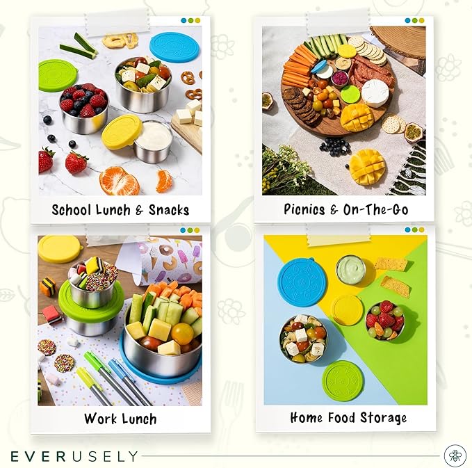Everusely - Stainless Steel Food Containers - 3 Pack, Summer - Lunch Box - Snack Containers for Office, Home Food Storage - Leakproof with Silicone Lids - Dishwasher & Freezer Safe