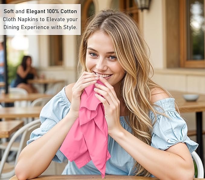Ruvanti Cloth Napkins Set of 12, 18x18 Inches, 100% Cotton, Washable, Soft & Absorbent, Perfect for Wedding, Christmas, ‎Thanksgiving Dinners - Pink