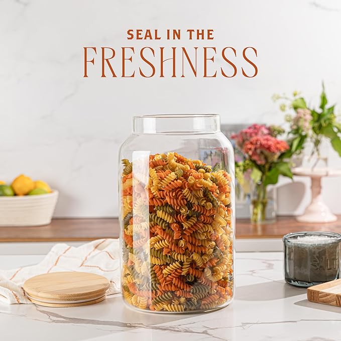 Large 1 Gallon Glass Large Jar with Airtight Bamboo Lid - High Borosilicate Canister for Kitchen Food Storage Organizing, Terrarium, Pantry Decorative Container & Laundry Room - Pack of 2