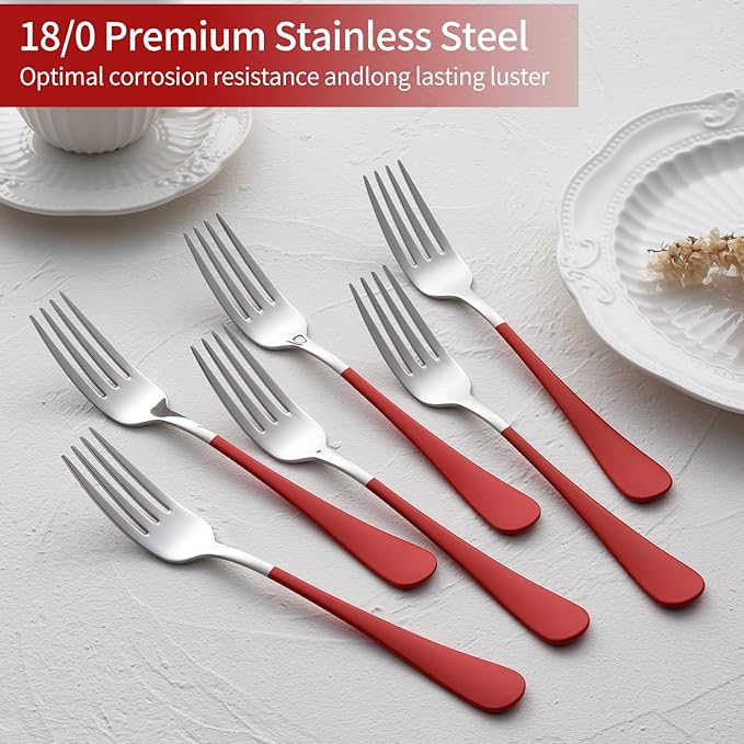 Red Dinner Fork, 18/0 Red handle Stainless Steel Satin Finish 8.1-inch Silverware Flatware Fork Set, Set of 24, Dishwasher Safe