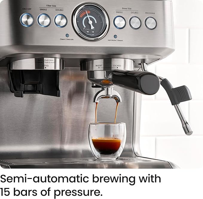 Chefman Crema Supreme 15 Bar Espresso Machine with Milk Frother, Barista Steam Wand, Professional Coffee Maker with Coffee Grinder, 30 Grind Settings, 3L Removable Water Tank - Stainless Steel