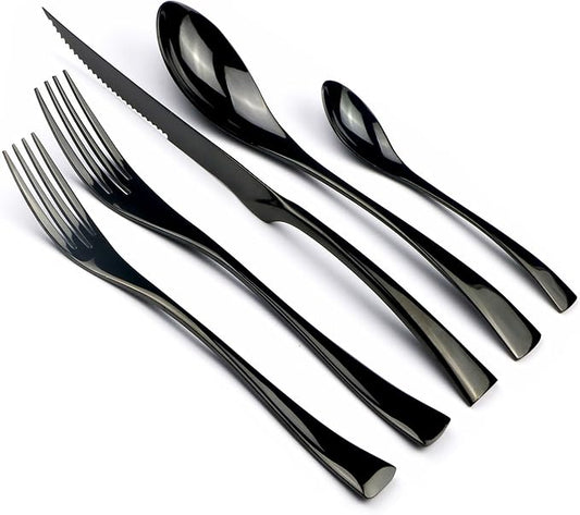20-Piece 18/10 Stainless Steel Serrated Steak Knife Flatware Set, Mirror Polishing Black, Service for 4