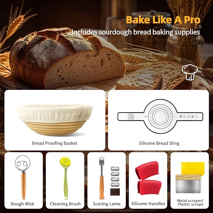 Pre-Seasoned Cast Iron Dutch Oven Pot with Skillet Lid, 5 Qt Bread Dutch Oven Includes Proofing Basket Sourdough Starter Kit for Bread Baking, Camping, Frying and Braising