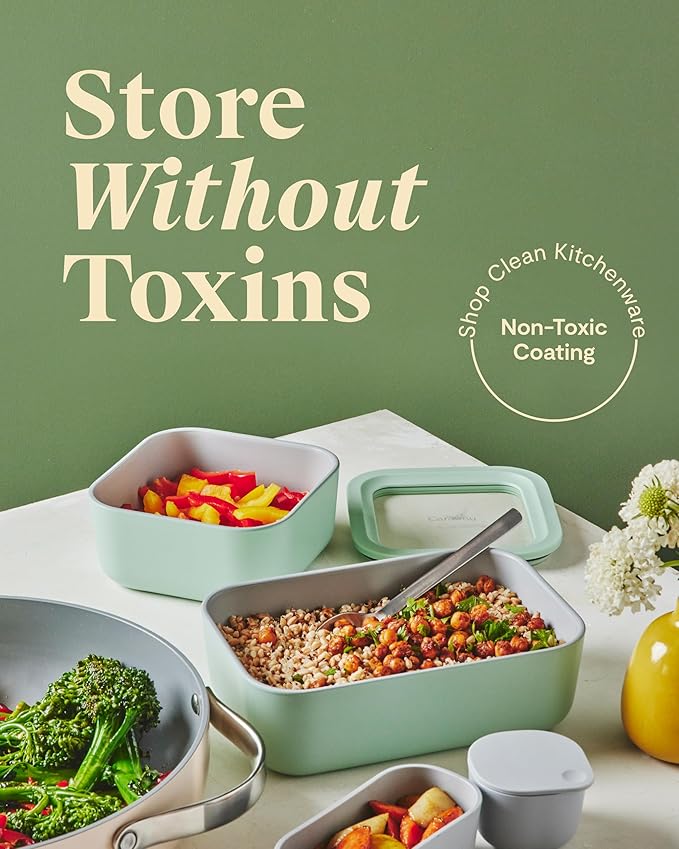 Caraway Glass Food Storage - 6.6 Cup Glass Container - Ceramic Coated Food Container - Non Toxic, Non Stick Lunch Box Container with Glass Lids - Dishwasher, Oven, & Microwave Safe - Sage