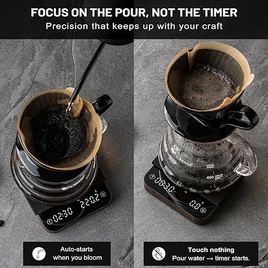 KitchenTour CaféMetric Coffee Scale with Timer 0.1g/2000g - Precision Scale for Espresso & Pour Over - Water Flow Speed Mode and Coffee Powder-to-Liquid Ratio Mode - Rechargeable, LCD Display-Wood