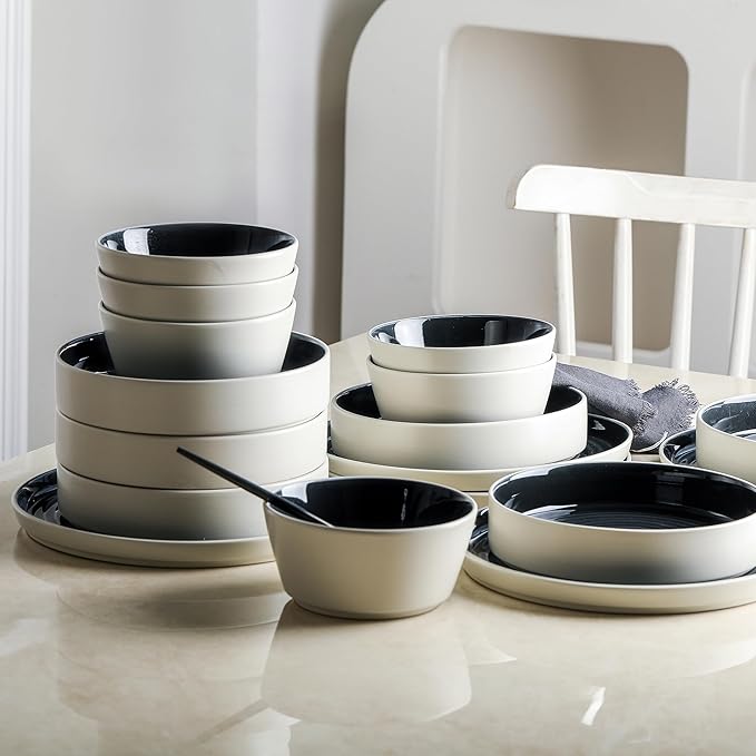 Stone Lain Elica 12-Piece Modern Dinnerware Set Stoneware, Plates and Bowl Sets for 4, Black and Beige