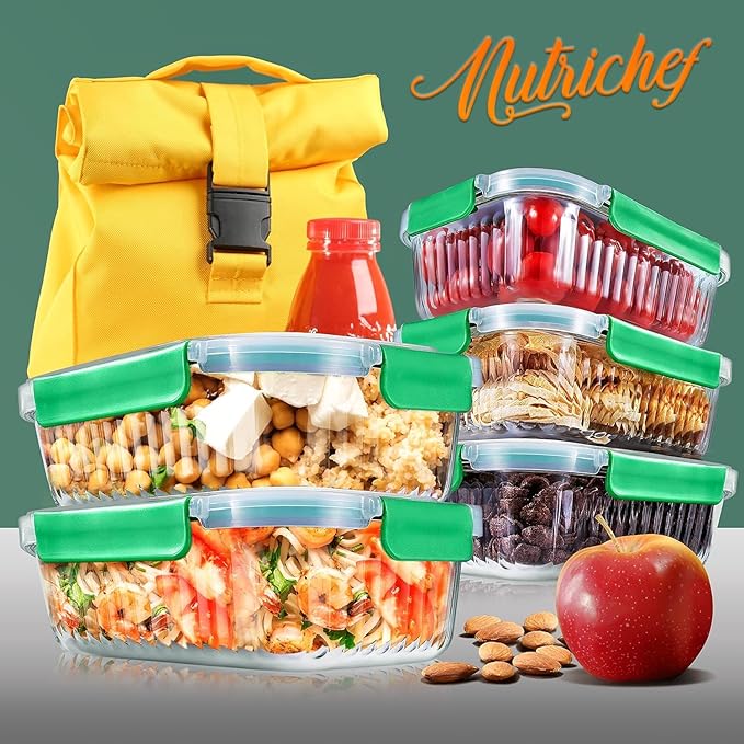 NutriChef 10-Piece Superior Glass Food Storage Containers Set (5 Containers + 5 Locking Lids),Stackable Meal-prep Design, BPA-free Airtight Clear Locking lids with Vent Lids & Air Hole, Wave