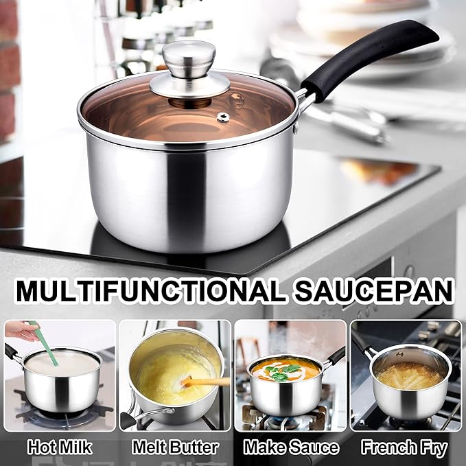 LIANYU 2QT Saucepan with Lid, 2 Quart Stainless Steel Sauce Pan, Small Pot Soup Milk Pan for Home Kitchen Restaurant, Long Heatproof Handle, Dishwasher Safe