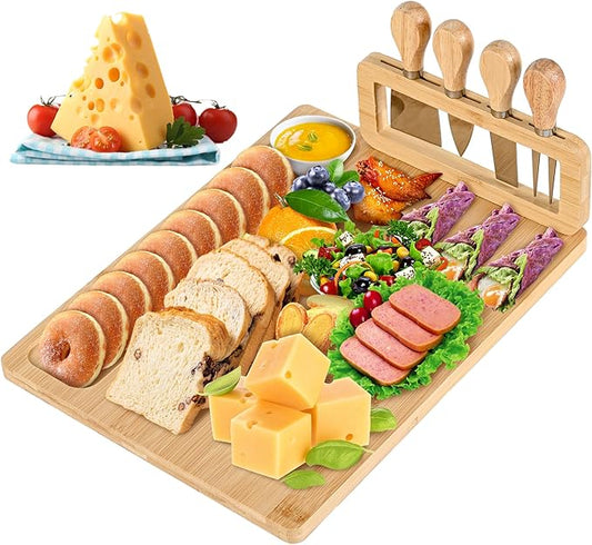 Bamboo Cheese Board and Knife Set - 14” x 11” Large Charcuterie Boards Set, Cheese Tray Platter Servers with Clasp Knife Holder, Gift for Anniversary, Housewarming, Christmas, Thanksgiving