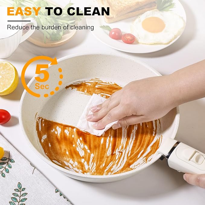 Pots and Pans Set Non Stick, Ceramic Cookware Set Nonstick Frying Pans 5 Pcs-Non Toxic PFAS/PFOA/PTFE Free, with Detachable Handle for RV Kitchen, Induction & Dishwasher Safe Cream White