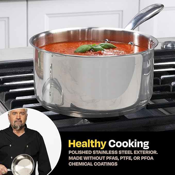 Guy Fieri's Flavortown 3.2-Quart Stainless Steel Sauce Pan with Tempered Glass Lid - Kitchen Cookware with Tri-Ply Base, Oven Safe to 500°F, Dishwasher Friendly, Works with Gas & Induction Cooktops