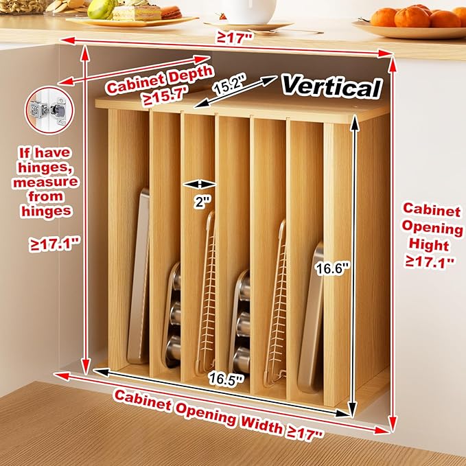 7 Tier Wooden Cookie Sheet Organizer for Cabinet Pot, Pans, Baking Tray Organizer for Kitchen Documents Storage(16.6" W x 16.5" H x 15.2" D)