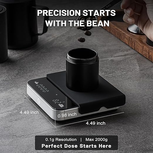 KitchenTour CaféMetric Coffee Scale with timer 0.1g/2000g - Precision Scale for Espresso & Pour over - Water flow Speed Mode and Coffee powder-to-liquid ratio Mode - Rechargeable, LCD Display - Silver
