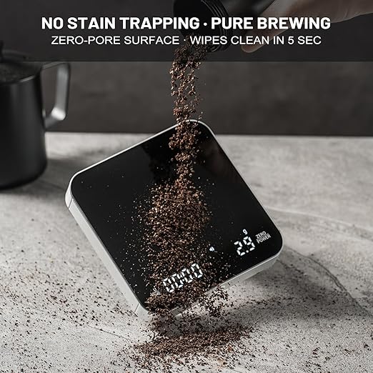 KitchenTour CaféMetric Coffee Scale with timer 0.1g/2000g - Precision Scale for Espresso & Pour over - Water flow Speed Mode and Coffee powder-to-liquid ratio Mode - Rechargeable, LCD Display - Silver