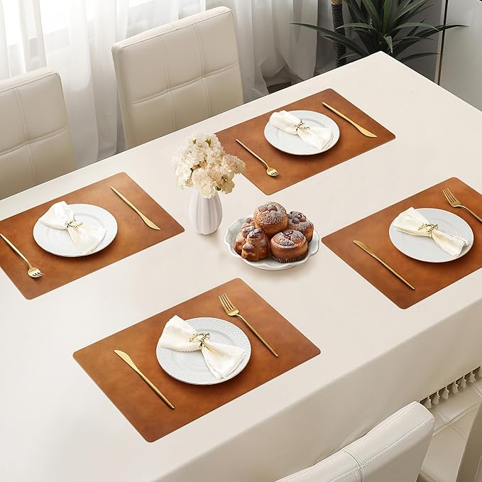 Roxifina Faux Leather Placemats Set of 6 - Vinyl Placemats Wipeable Waterproof Oil-Proof PU Place Mats Heat Resistant Reversible Table Mats for Dining, Kitchen, Outdoor, 12 x 17 Inch (Reddish Brown)