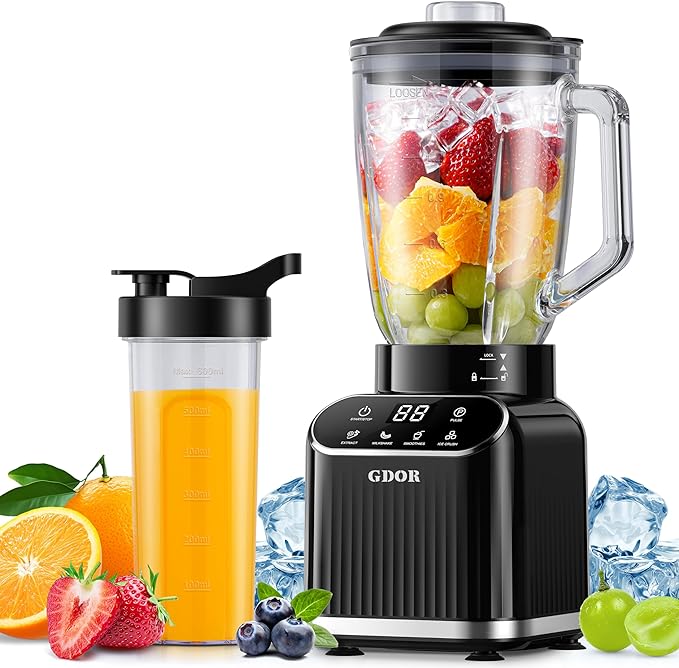 GDOR Professional Blender for Smoothies, 5 Functions, 1200 Peak Watts Smoothie Blender, 52 Oz Glass Jar & 24 Oz To-Go Cup Combo, Ice Crushing & Frozen Fruit, Self-Cleaning, Black