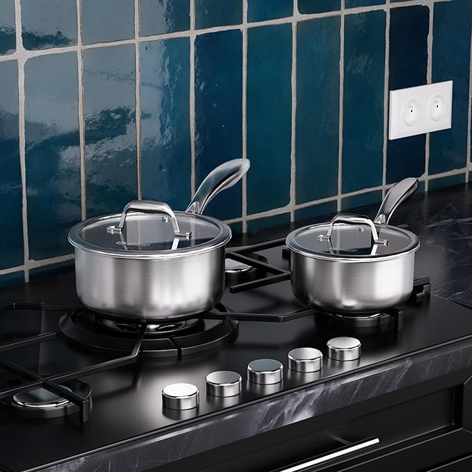 COOKER KING Sauce Pan Set, 1.5 QT & 2 QT Saucepan with Lid, Hybrid Ceramic Nonstick Saucepan, non stick Sauce pot, Stainless steel Cookware, Induction Compatible (PFAS/PFOA/PTFE Free)