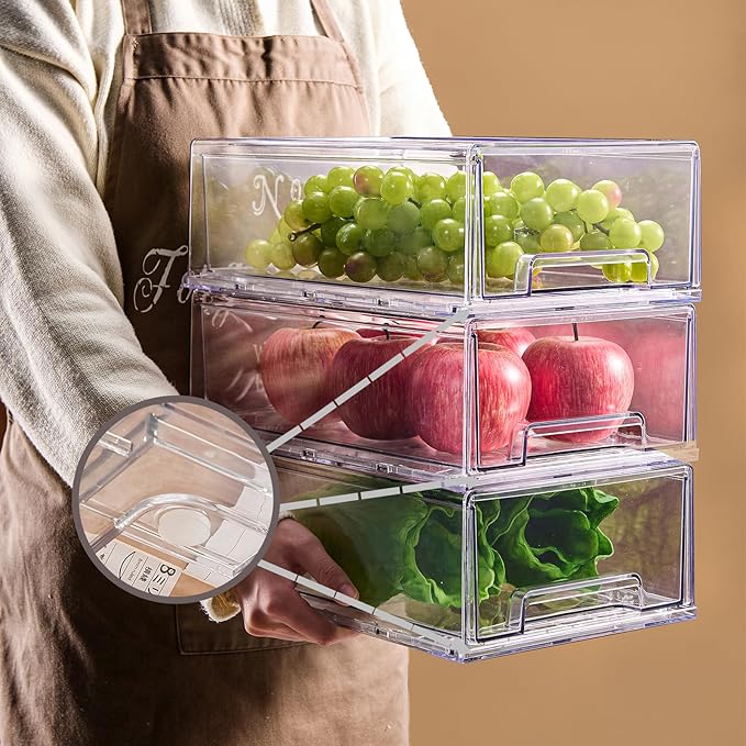 PeJeyiee 6 Pack Clear Stackable Refrigerator Organizers and Storage Drawers - Pull-Out Fridge Bins with Anti-Slip Base & Easy Clean, Plastic Organizers for Kitchen Pantry Cabinet Closet (Large)