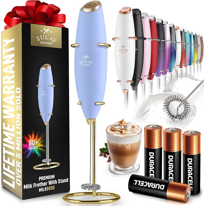 Zulay Kitchen Powerful Milk Frother Wand With 4 AA Duracell Batteries - Ultra Fast Handheld Drink Mixer - Electric Whisk Foam Maker for Coffee, Lattes, Cappuccino, Matcha, Hot Chocolate & Creamer