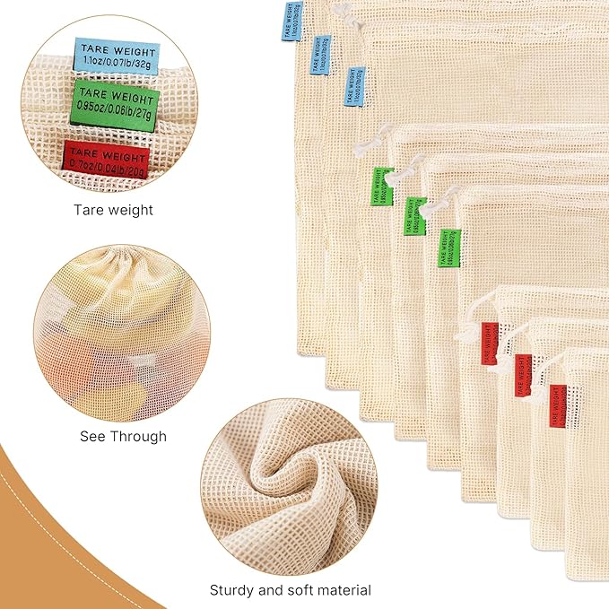 9 Pack Reusable Produce Bags Reusable Washable - vegetable bags grocery reusable - Vegetable Bags - Produce Storage Bag - Mesh Bags for Grocery Shopping, Vegetables & Fruits - 100% Cotton(3S/3M/3L).