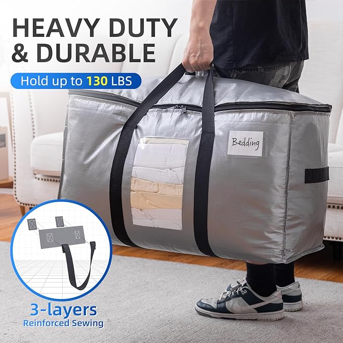 TAILI Extra Large Moving Bags, 8 Pack Silver Heavy Duty Totes for Storage with Visible Window, Wrap Around Handles, Storage Bags for Space Saving, Alternative to Moving Boxes