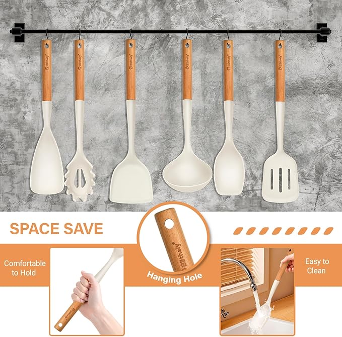Large Silicone Cooking Utensils Set, 10Pcs Nonstick Kitchen Utensil Set with Wooden Handle, Heat Resistant Silicone Utensils for Cooking, BPA Free Spatula Set with Turners Spoon Ladle Skimmer(White)