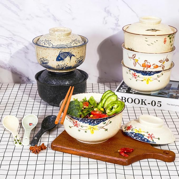 Ceramic Ramen Bowl Set, 800ml, with Lid, Spoon and Chopsticks, Japanese Vintage Large Soup Bowls Instant Noodle Bowl Asian Tableware (Dird*2)