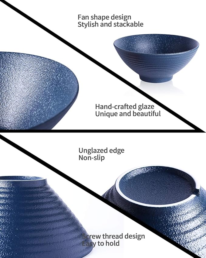 Kanwone Ceramic Japanese Ramen Bowl Set, Noodle Soup Bowls - 60 Ounce, with Matching Spoons and Chopsticks for Udon Soba Pho Asian Noodles, Set of 2, Navy