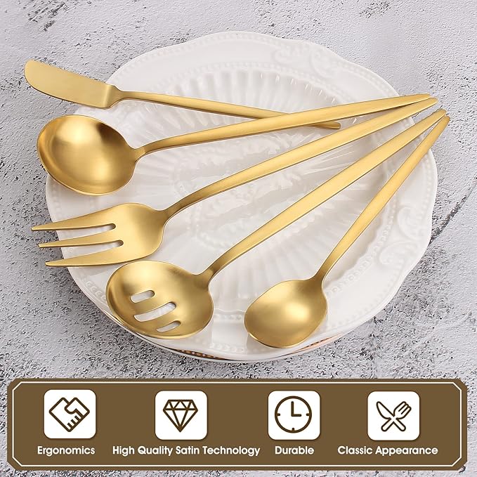 Matte Gold Serving Silverware Set, 5-Piece Round Shared Utensils Set of Stainless Steel, Hostess Flatware Serving Set, Satin Finish, Dishwasher Safe