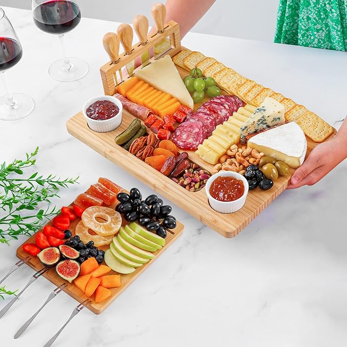 Zulay Kitchen Premium Bamboo Charcuterie Board Set - Extra Thick Bamboo with 4 Piece Knife Set - Perfect for Charcuterie, Wine and Cheese