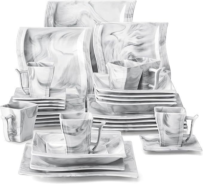 MALACASA Plates and Bowls Sets, 30 Piece Porcelain Dinnerware Sets for 6, Square Dinnerware Set with Dinner Plate, Dessert Plate, Soup Plate, Cup and Saucer, Modern Dish Set, Marble Grey, Series Flora