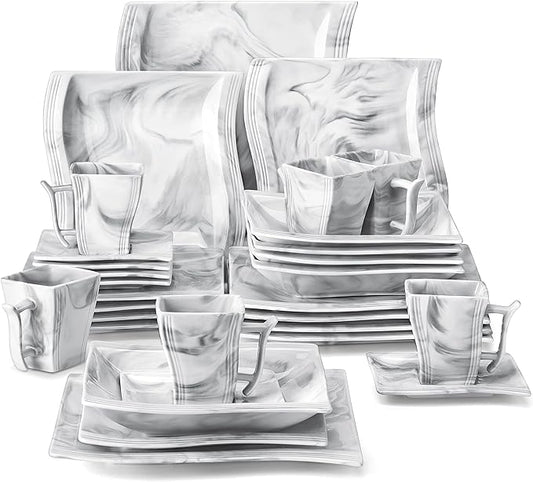 MALACASA Plates and Bowls Sets, 30 Piece Porcelain Dinnerware Sets for 6, Square Dinnerware Set with Dinner Plate, Dessert Plate, Soup Plate, Cup and Saucer, Modern Dish Set, Marble Grey, Series Flora