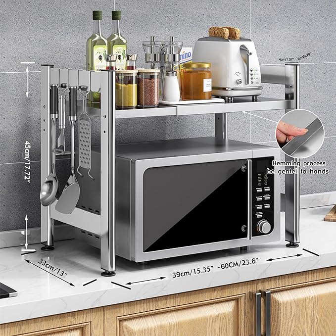 Extendable Microwave Oven Rack，Adjustable Microwave Stand Kitchen Counter Shelf Kitchen Utensils Storage, Stainless Steel 2-Tier Over Microwave Shelf Countertop Organizing Rack with 4 Hooks（S）