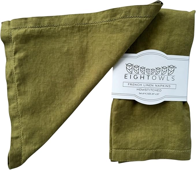 Hemstitched Linen Napkins – 20 Inch x 20 Inch – Stonewashed Pure Linen Cloth Dinner Napkins with Mitered Corners - 100% French Flax – Machine Washable - Set of 4 (Olive Green)