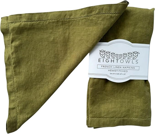 Hemstitched Linen Napkins – 20 Inch x 20 Inch – Stonewashed Pure Linen Cloth Dinner Napkins with Mitered Corners - 100% French Flax – Machine Washable - Set of 4 (Olive Green)