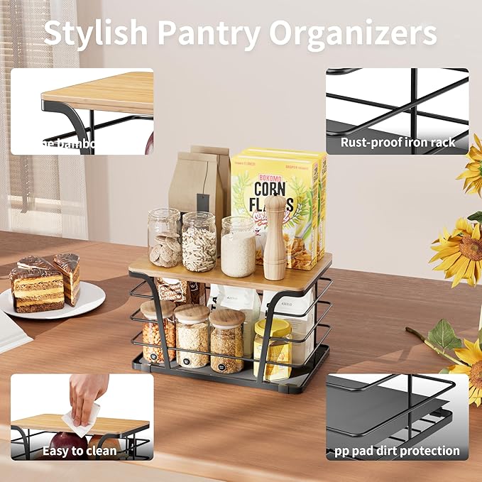 Pantry Organizers and Storage - Stackable Wire Basket with Lightweight PP Mat & Bamboo Top for Fruits Vegetables,Fruit Holder for Kitchen Countertop,Black