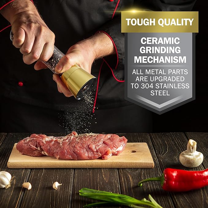 Home EC Original Gold Salt and Pepper Grinder Set of 2 - Adjustable Ceramic Grinder - Tall Glass Salt and Pepper Shakers With Funnel and Ebook - Kitchen Spice Mill - Gold Kitchen Accessories