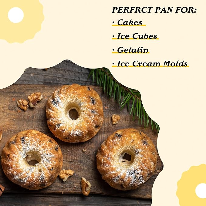 Tiawudi Mini Fluted Tube Cake Pan, 6 Cavity Bundt Cake Baking Pan, Non-stick Baking Mold for Cupcakes, Donuts, Cornbread, Brownies, Jellies, Set of 3