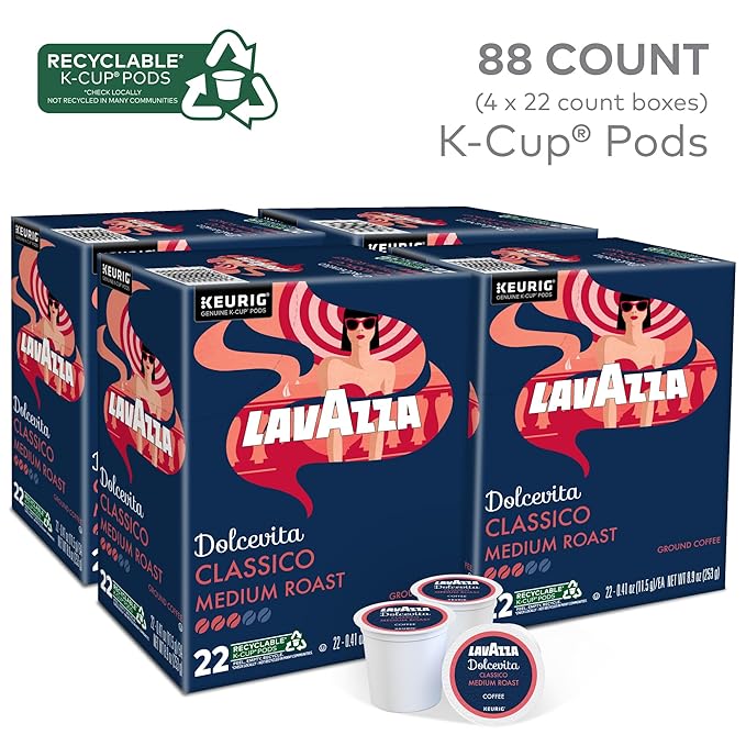 Lavazza Dolcevita Classico, Single-Serve Keurig K-Cup Pods, Medium Roast Coffee, 88-Count Box (4 Packs of 22)