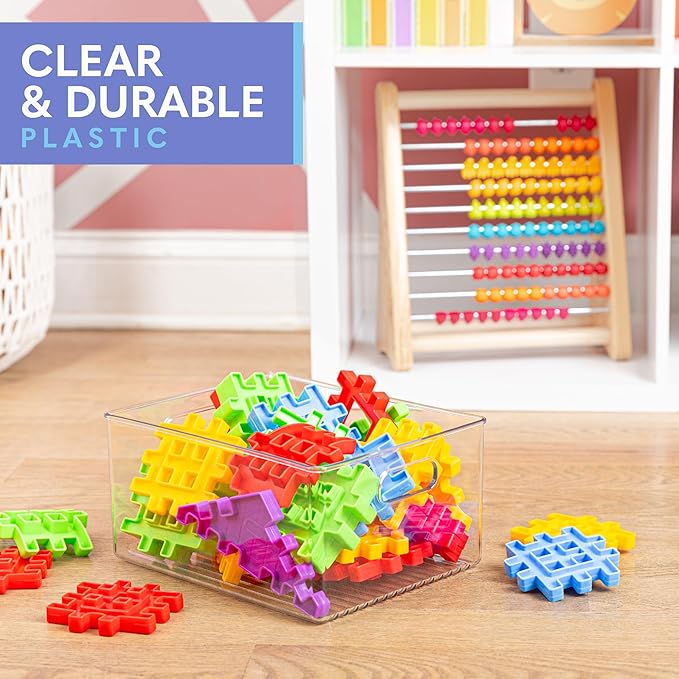 Plastic Food Storage 4 Pack Clear Container Bin with Handles for Organizing Kitchen, Pantry, Refrigerator, Freezer, Pantry, Cabinet, Closet, Bathroom 10”x8”x5”