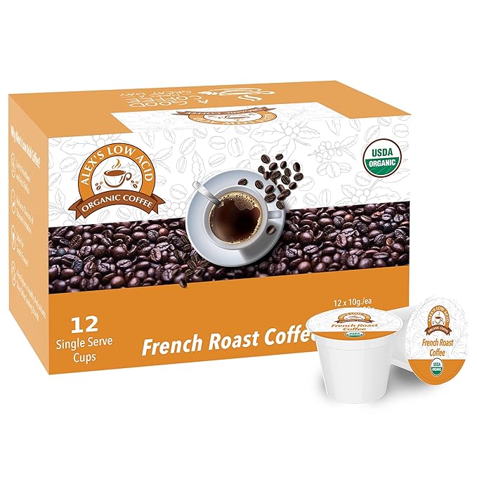 Alex’s Low Acid Organic Coffee | Created to Limit Heartburn, Acid Reflux & Stomach Irritation | French Roast | Pack of 12 K-Cups