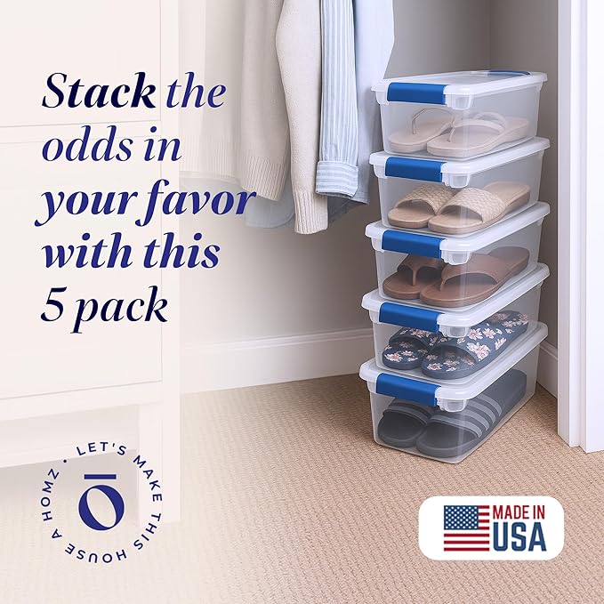 HOMZ 5-Pack Latching Lid, Clear Plastic Storage Organizer Bins, 7.5 Quart, Blue Latch - Stackable Organizing Containers for Home, Garage, and Office